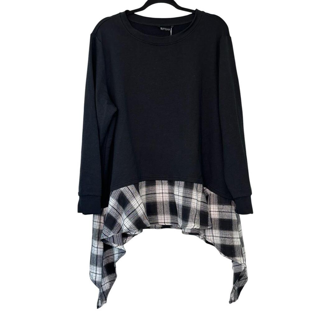 NWT BloomChic Black Plaid Hem Round Neck Long Sleeve Sweatshirt 2X